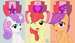 Size: 3840x2190 | Tagged: safe, artist:bodyless, imported from derpibooru, apple bloom, scootaloo, sweetie belle, earth pony, pegasus, pony, unicorn, cutie mark, cutie mark crusaders, female, filly, greeting, hooves