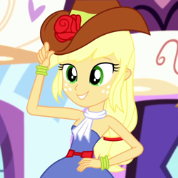 Size: 1080x1080 | Tagged: safe, imported from derpibooru, screencap, applejack, eqg summertime shorts, equestria girls, make up shake up, bare shoulders, clothes, cropped, dress, fall formal outfits, female, sleeveless, solo, strapless