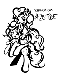 Size: 2694x3216 | Tagged: safe, artist:coco-drillo, imported from derpibooru, pinkie pie, earth pony, pony, clone, clones, doppelganger, doppleganger, duality, inktober, monochrome, pinktober, ponies riding ponies, ride, riding, self riding, swirls, swirly mane