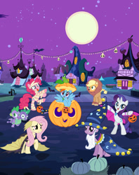 Size: 1080x1367 | Tagged: safe, imported from derpibooru, applejack, fluttershy, pinkie pie, rainbow dash, rarity, spike, twilight sparkle, dragon, earth pony, pegasus, pony, unicorn, vampire, animal costume, applelion, bipedal, candy, clothes, costume, fangs, floppy ears, flutterbat costume, food, halloween, holiday, jack-o-lantern, mane seven, mane six, moon, multiple heads, mummy, night, nightmare night, nightmare night costume, official, pumpkin, pumpkin bucket, star swirl the bearded costume, tongue out, two heads, two-headed dragon