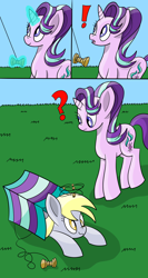 Size: 1600x3000 | Tagged: safe, artist:notadeliciouspotato, imported from derpibooru, derpy hooves, starlight glimmer, pegasus, pony, unicorn, circling stars, comic, dizzy, duo, duo female, exclamation point, female, food, glowing, glowing horn, grass, horn, kite, magic, magic aura, mare, muffin, question mark, sky, smiling, surprised, telekinesis, that pony sure does love kites