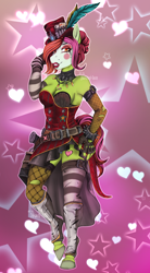 Size: 1124x2029 | Tagged: safe, artist:blackblood-queen, imported from derpibooru, oc, oc only, oc:margarite mix, anthro, earth pony, unguligrade anthro, anthro oc, borderlands 3, breasts, clothes, commission, costume, digital art, female, gun, hat, makeup, mare, smiling, weapon