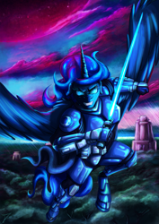 Size: 1237x1750 | Tagged: safe, artist:jamescorck, imported from derpibooru, nightmare moon, princess luna, alicorn, anthro, unguligrade anthro, armor, crossover, disney, female, jedi knight, jumping, lightsaber, looking at you, planet, solo, space, star wars, weapon