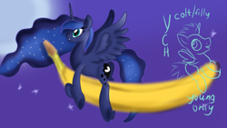 Size: 1280x720 | Tagged: safe, artist:jbond, deleted from derpibooru, imported from derpibooru, princess luna, banana, commission, food, link in description, moon, wtf, your character here