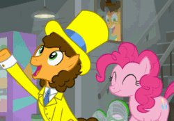 Size: 665x463 | Tagged: safe, imported from derpibooru, screencap, cheese sandwich, pinkie pie, earth pony, pony, the last laugh, animated, clothes, cropped, cute, duo, eyes closed, female, googly eyes, hat, looking at someone, male, smiling, talking, tuxedo