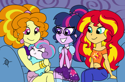 Size: 1240x818 | Tagged: safe, artist:purfectprincessgirl, imported from derpibooru, adagio dazzle, princess flurry heart, sci-twi, sunset shimmer, twilight sparkle, equestria girls, adoragio, baby, commission, cute, equestria girls-ified, flurrybetes, hug, shimmerbetes, smiling, twiabetes