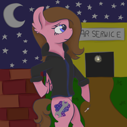 Size: 1600x1600 | Tagged: safe, imported from derpibooru, oc, oc only, pegasus, pony, brick wall, car, cigarette, clothes, cutie mark, grass, moon, night, solo, stars