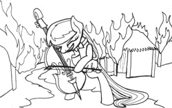 Size: 1280x809 | Tagged: safe, artist:ewoudcponies, imported from derpibooru, octavia melody, earth pony, pony, black and white, bow (instrument), burning, cello, female, fire, grayscale, ink drawing, metal as fuck, monochrome, musical instrument, solo, traditional art