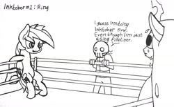 Size: 1280x793 | Tagged: safe, artist:ewoudcponies, imported from derpibooru, queen chrysalis, rainbow dash, changeling, changeling queen, pegasus, pony, black and white, boxing gloves, boxing ring, female, grayscale, ink drawing, inktober, inktober 2019, monochrome, sports, sweat, sweating profusely, traditional art, wrestling