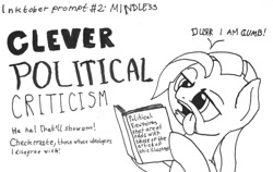 Size: 1280x807 | Tagged: safe, artist:ewoudcponies, imported from derpibooru, pony, black and white, book, derp, grayscale, ink drawing, inktober, inktober 2019, monochrome, parody, political cartoon, self deprecation, solo, strawman, tongue out, traditional art