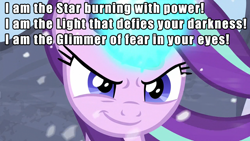 Size: 1280x720 | Tagged: safe, edit, edited screencap, imported from derpibooru, screencap, starlight glimmer, pony, unicorn, the ending of the end, badass, batman, caption, confident, female, fight, glowing horn, horn, image macro, magic, put it on my tab, smiling, smirk, snow, solo, text, windswept mane