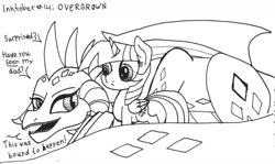 Size: 1280x762 | Tagged: safe, artist:ewoudcponies, imported from derpibooru, princess ember, twilight sparkle, alicorn, dragon, pony, black and white, grayscale, growth, ink drawing, inktober, inktober 2019, monochrome, size difference, traditional art, twilight sparkle (alicorn)