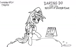 Size: 1280x793 | Tagged: safe, artist:ewoudcponies, imported from derpibooru, daring do, pegasus, pony, bipedal, black and white, female, grayscale, ink drawing, inktober, inktober 2019, monochrome, solo, traditional art, water, wet floor sign