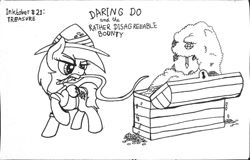 Size: 1280x819 | Tagged: safe, artist:ewoudcponies, imported from derpibooru, daring do, mimic, pegasus, pony, black and white, grayscale, ink drawing, inktober, inktober 2019, monochrome, mouth hold, traditional art, treasure chest, whip