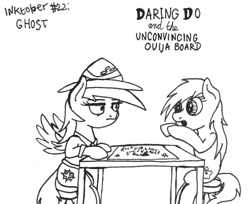 Size: 1280x1047 | Tagged: safe, artist:ewoudcponies, imported from derpibooru, daring do, oc, pegasus, pony, black and white, grayscale, ink drawing, inktober, inktober 2019, monochrome, ouija board, traditional art