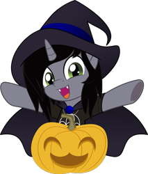 Size: 5000x5865 | Tagged: safe, artist:jhayarr23, imported from derpibooru, pony, unicorn, bust, cape, clothes, commission, disguise, disguised siren, fangs, hair over one eye, halloween, happy, hat, holiday, horn, jack-o-lantern, jewelry, kellin quinn, looking at you, male, movie accurate, necklace, open mouth, ponified, pumpkin, shirt, simple background, sleeping with sirens, slit eyes, slit pupils, solo, stallion, t-shirt, transparent background, underhoof, vector, witch hat, ych result