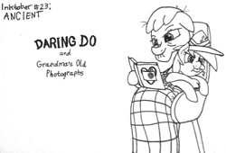 Size: 1280x871 | Tagged: safe, artist:ewoudcponies, imported from derpibooru, daring do, oc, pegasus, pony, angry, black and white, blanket, cute, elderly, female, filly, grandmother, grayscale, ink drawing, inktober, inktober 2019, monochrome, photo album, puffy cheeks, raspberry, sitting on lap, squirming, tongue out, traditional art