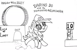 Size: 1280x830 | Tagged: safe, artist:ewoudcponies, imported from derpibooru, daring do, human, pegasus, pony, batman, black and white, dizzy, grayscale, ink drawing, inktober, inktober 2019, monochrome, roller coaster, score card, swirly eyes, traditional art