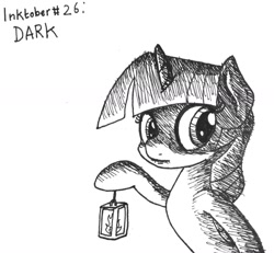 Size: 1280x1183 | Tagged: safe, artist:ewoudcponies, imported from derpibooru, twilight sparkle, alicorn, pony, black and white, dark, female, grayscale, hoof hold, ink drawing, inktober, inktober 2019, lantern, monochrome, solo, traditional art, twilight sparkle (alicorn)