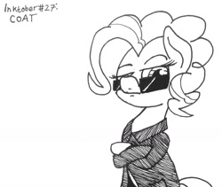 Size: 1280x1081 | Tagged: safe, artist:ewoudcponies, imported from derpibooru, pinkie pie, earth pony, pony, black and white, clothes, coat, crossed arms, crossed hooves, female, grayscale, ink drawing, inktober, inktober 2019, monochrome, solo, sunglasses, traditional art