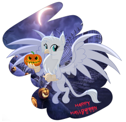 Size: 1920x1849 | Tagged: safe, artist:dianamur, imported from derpibooru, oc, oc only, griffon, deviantart watermark, female, halloween, holiday, jack-o-lantern, obtrusive watermark, pumpkin, solo, watermark