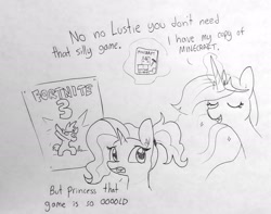 Size: 1684x1325 | Tagged: safe, artist:tjpones, imported from derpibooru, luster dawn, twilight sparkle, alicorn, pony, unicorn, the last problem, dab, dialogue, duo, female, fortnite, lustie, magic, mare, millennial luster dawn, minecraft, paper, poster, princess twilight 2.0, simple background, telekinesis, traditional art, twilight sparkle (alicorn), white background, zoomer