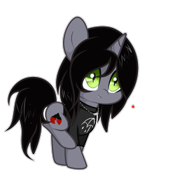 Size: 2000x2000 | Tagged: safe, artist:yexileni_javiari, imported from derpibooru, pony, unicorn, chibi, clothes, commission, disguise, disguised siren, fangs, hair over one eye, happy, heart, horn, jewelry, kellin quinn, male, necklace, ponified, raised leg, shirt, simple background, sleeping with sirens, slit eyes, slit pupils, smiling, solo, stallion, t-shirt, transparent background, ych result