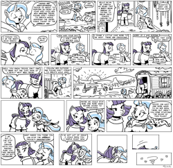 Size: 1100x1063 | Tagged: safe, artist:foudubulbe, imported from derpibooru, maud pie, trixie, earth pony, pony, unicorn, comic:damp rocks, bed, blushing, comic, epilogue, female, kissing, lesbian, mauxie, shipping, speech bubble, sunset, trixie's wagon, wind