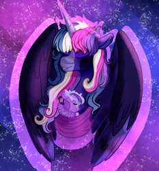 Size: 1576x1692 | Tagged: safe, artist:grateful-dead-raised, imported from derpibooru, discord, twilight sparkle, oc, oc:satin nebula, alicorn, draconequus, hybrid, pony, alternate design, discolight, female, interspecies offspring, male, offspring, parent:discord, parent:twilight sparkle, parents:discolight, shipping, straight, twilight sparkle (alicorn)