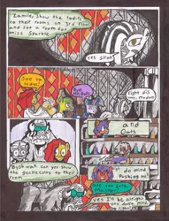 Size: 2513x3283 | Tagged: safe, artist:oatmeal155, imported from derpibooru, twilight sparkle, oc, oc:bushwak, oc:cinnamon oats, oc:citrus dew, oc:cobalt graytouch, oc:lotus dew, oc:sour root, oc:zamile, earth pony, pony, unicorn, zebra, comic:oat.meal, alcohol, bar, comic, dialogue, ever emerald manor, traditional art