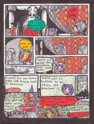 Size: 2507x3279 | Tagged: safe, artist:oatmeal155, imported from derpibooru, oc, oc only, oc:bushwak, oc:cinnamon oats, oc:citrus dew, oc:lotus dew, earth pony, pony, unicorn, comic:oat.meal, alcohol, comic, ever emerald manor, rain, traditional art, wheelchair