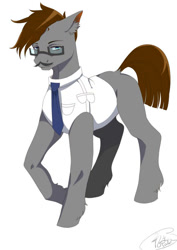 Size: 566x800 | Tagged: safe, artist:月莲玉莺, derpibooru exclusive, imported from derpibooru, oc, oc only, oc:skyson, earth pony, pony, clothes, glasses, looking at you, male, necktie, shirt, simple background, solo, stallion, watermark, white background