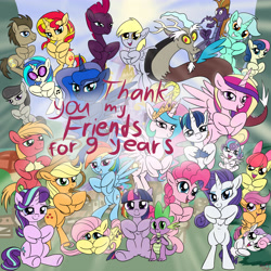 Size: 6000x6000 | Tagged: safe, artist:littlenaughtypony, imported from derpibooru, apple bloom, applejack, big macintosh, bon bon, derpy hooves, discord, dj pon-3, doctor whooves, fluttershy, lyra heartstrings, octavia melody, pinkie pie, princess cadance, princess celestia, princess flurry heart, princess luna, rainbow dash, rarity, scootaloo, shining armor, spike, starlight glimmer, steven magnet, sunset shimmer, sweetie belle, sweetie drops, tempest shadow, time turner, twilight sparkle, vinyl scratch, alicorn, draconequus, dragon, earth pony, pegasus, pony, unicorn, adorabon, broken horn, cute, cutedance, cutie mark crusaders, daaaaaaaaaaaw, derpabetes, discute, doctorbetes, female, filly, flurrybetes, heart, horn, looking at you, lyrabetes, macabetes, magnetbetes, male, mare, mlp fim's ninth anniversary, open mouth, rope, shining adorable, stallion, tavibetes, tempestbetes, vinylbetes