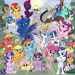 Size: 6000x6000 | Tagged: safe, artist:littlenaughtypony, imported from derpibooru, apple bloom, applejack, big macintosh, bon bon, derpy hooves, discord, dj pon-3, doctor whooves, fizzlepop berrytwist, fluttershy, lyra heartstrings, octavia melody, pinkie pie, princess cadance, princess celestia, princess flurry heart, princess luna, rainbow dash, rarity, scootaloo, shining armor, spike, starlight glimmer, steven magnet, sunset shimmer, sweetie belle, sweetie drops, tempest shadow, time turner, twilight sparkle, vinyl scratch, alicorn, draconequus, dragon, earth pony, pegasus, pony, unicorn, cute, cutie mark crusaders, female, filly, heart, heart hooves, hoof heart, looking at you, male, mane seven, mane six, mare, open mouth, rope, royal sisters, stallion