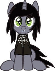 Size: 663x864 | Tagged: safe, artist:lightningbolt, derpibooru exclusive, imported from derpibooru, pony, unicorn, .svg available, clothes, disguise, disguised siren, fangs, horn, jewelry, kellin quinn, looking at you, male, necklace, ponified, shirt, show accurate, simple background, sitting, sleeping with sirens, smiling, solo, stallion, svg, t-shirt, transparent background, vector