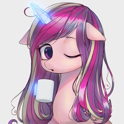 Size: 1024x1024 | Tagged: dead source, safe, artist:9seconds, imported from derpibooru, princess cadance, alicorn, pony, bust, coffee mug, cute, cutedance, female, floppy ears, looking at you, loose hair, magic, mare, mug, one eye closed, portrait, simple background, solo, telekinesis, white background