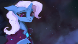 Size: 1920x1080 | Tagged: safe, artist:hierozaki, imported from derpibooru, trixie, pony, unicorn, cape, clothes, digital art, female, floppy ears, frown, hat, looking down, mare, night, sky, solo, traditional art, trixie's cape, trixie's hat