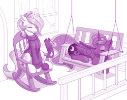 Size: 1280x1010 | Tagged: safe, artist:dstears, imported from derpibooru, princess celestia, princess luna, alicorn, pony, season 9, spoiler:s09, alternate hairstyle, bench, clothes, cute, duo, eyes closed, female, haircut, knitting, magic, mare, monochrome, royal sisters, siblings, sisters, sitting, sweater, swing, telekinesis, vacation, yarn, yarn ball