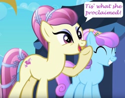 Size: 1197x941 | Tagged: safe, edit, edited screencap, editor:leonidus, imported from derpibooru, screencap, fleur de verre, crystal pony, the crystal empire, cropped, crystal empire, cutie mark, dialogue, duo, laughing, meme, reaction image, speech bubble, tent, text, that's what she said, ye olde english, yelling