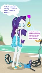 Size: 347x595 | Tagged: safe, edit, edited screencap, editor:thomasfan45, imported from derpibooru, screencap, rarity, equestria girls, equestria girls series, lost and found, 1000 hours in ms paint, bikini, clothes, cropped, ear piercing, earring, eyes closed, feet, female, geode of shielding, headphones, hypnosis, hypnotized, implied twilight sparkle, jewelry, levitation, magic, magic aura, magical geodes, metal detector, offscreen character, pendulum swing, piercing, pocket watch, sandals, sarong, sleeping, slouching, smiling, solo, speech bubble, story included, swimsuit, telekinesis, thought bubble