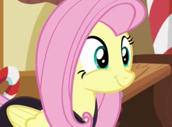 Size: 1013x751 | Tagged: safe, imported from derpibooru, screencap, fluttershy, pegasus, pony, scare master, cropped, cute, female, mare, shyabetes, smiling, solo, sugarcube corner