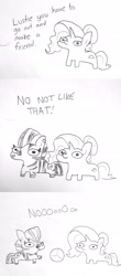 Size: 1200x2717 | Tagged: safe, artist:tjpones, imported from derpibooru, luster dawn, twilight sparkle, oc, oc:zizzie, pony, unicorn, zebra, ball, comic, dialogue, female, friendshipping, gone horribly right, grayscale, implied twilight sparkle, lustie, make some friends, mare, monochrome, offscreen character, playing, quadrupedal, racism, squatpony, twiggie, twiggie 2.0, zigger, ziggers