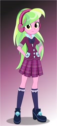 Size: 1920x4157 | Tagged: safe, artist:diilaycc, imported from derpibooru, lemon zest, equestria girls, bowtie, clothes, crystal prep academy uniform, cute, female, gradient background, hand on hip, headphones, high heels, kneesocks, looking at you, plaid skirt, pleated skirt, school uniform, shoes, skirt, smiling, socks, solo, zestabetes