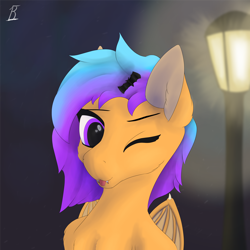 Size: 5000x5000 | Tagged: safe, artist:littlepony115, imported from derpibooru, oc, oc only, oc:mandarin, bat pony, pony, bust, female, gradient mane, halloween, holiday, lamppost, mare, night, orange coat, purple eyes, solo, two toned mane