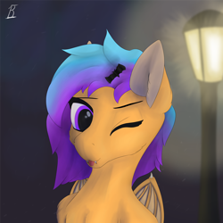 Size: 5000x5000 | Tagged: safe, artist:littlepony115, imported from derpibooru, oc, oc only, oc:mandarin, bat pony, pony, bust, female, gradient mane, halloween, holiday, lamppost, mare, night, orange coat, purple eyes, solo, two toned mane