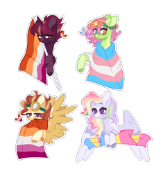 Size: 1456x1640 | Tagged: safe, artist:corporalvortex, artist:nocturnal-moonlight, imported from derpibooru, oc, oc only, oc:evening star, oc:golden winds, oc:rainbow confetti, oc:serene grace, earth pony, pegasus, pony, unicorn, base used, blaze (coat marking), coat markings, colored ears, colored hooves, colored wings, dreadlocks, facial markings, female, flag, flag pole, floral head wreath, flower, freckles, goggles, heterochromia, lesbian, lesbian pride flag, lidded eyes, magical gay spawn, magical lesbian spawn, multicolored hair, offspring, pansexual, pansexual pride flag, parent:fluttershy, parent:pinkie pie, parent:rainbow dash, parent:sunburst, parent:tempest shadow, parent:tree hugger, parent:twilight sparkle, parent:zephyr breeze, parents:flutterhugger, parents:pinkiedash, parents:tempestlight, parents:zephyrburst, pride, pride flag, purple eyes, rainbow hair, simple background, socks (coat marking), socks (coat markings), star (coat marking), trans female, trans girl, transgender, transgender pride flag, transparent background, wings, wrapped in flag