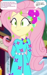 Size: 500x794 | Tagged: safe, edit, edited screencap, editor:thomasfan45, imported from derpibooru, screencap, fluttershy, equestria girls, equestria girls series, lost and pound, spoiler:eqg series (season 2), 1000 hours in ms paint, blank expression, cat eyes, clothes, cropped, dress, female, feral, flower, flower in hair, geode of fauna, implied rainbow dash, magic, magical geodes, mental shift, mind control, mistress, music festival outfit, offscreen character, request, shyabetes, slit eyes, slit pupils, smiling, solo, speech bubble, spell, story included, text, thought bubble