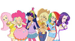 Size: 4012x2223 | Tagged: safe, artist:s0s0chan, imported from derpibooru, applejack, fluttershy, pinkie pie, rainbow dash, rarity, twilight sparkle, human, alternative cutie mark placement, belly button, big crown thingy, blushing, bracelet, clothes, cowboy hat, cute, element of generosity, element of honesty, element of kindness, element of laughter, element of loyalty, element of magic, elements of harmony, female, freckles, hand on hip, hat, horned humanization, humanized, jeans, jewelry, legs, mane six, midriff, necklace, open mouth, pants, pantyhose, pleated skirt, regalia, short shirt, shorts, simple background, skirt, stetson, thighs, white background, winged humanization