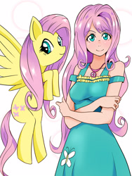 Size: 1200x1600 | Tagged: safe, artist:menko_e, imported from derpibooru, kotobukiya, fluttershy, human, pegasus, pony, crossed arms, cute, female, human ponidox, humanized, jewelry, kotobukiya fluttershy, looking at you, mare, necklace, pixiv, self ponidox, shyabetes, simple background, white background