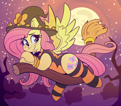 Size: 3064x2678 | Tagged: safe, artist:graphene, imported from derpibooru, fluttershy, pegasus, pony, adorasexy, blushing, broom, clothes, cute, female, flying, flying broomstick, full moon, hat, high res, leotard, mare, moon, sexy, shyabetes, smiling, socks, solo, spread wings, striped socks, wings, witch hat